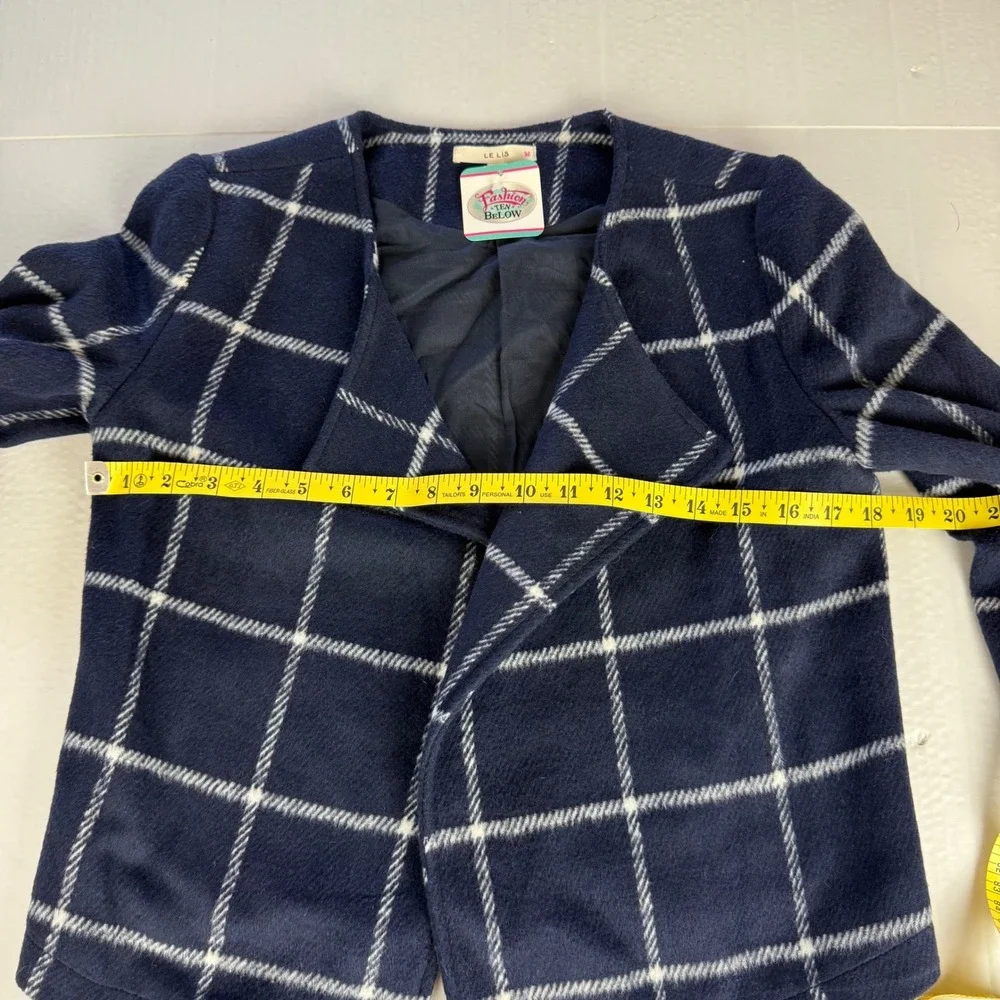 LE LIS Navy White Window Pane Plaid Open Front‎ Blazer Jacket Womens Small